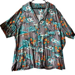 George Mens Hawaiian Camp Shirt 100% Rayon Size 4XL Aqua Gray Floral Parrots
